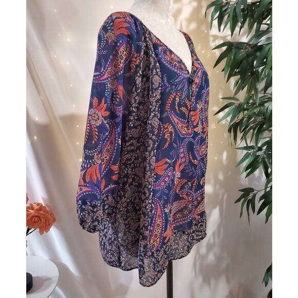 Chaps X Ralph Lauren Paisley Boho 3/4 Sleeve V-Neck Button Blouse Size XL Hippie - Picture 2 of 10